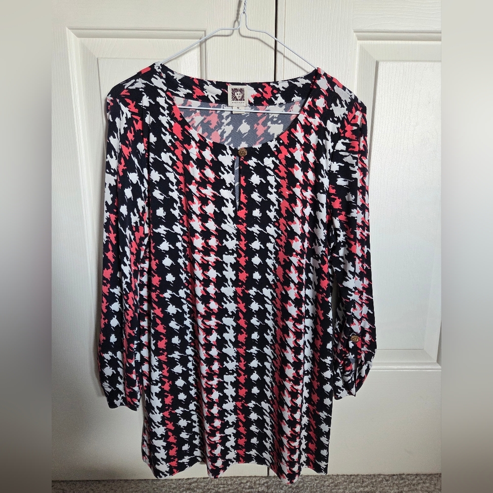 Anne Klein Black and Dark Pink Houndstooth Blouse